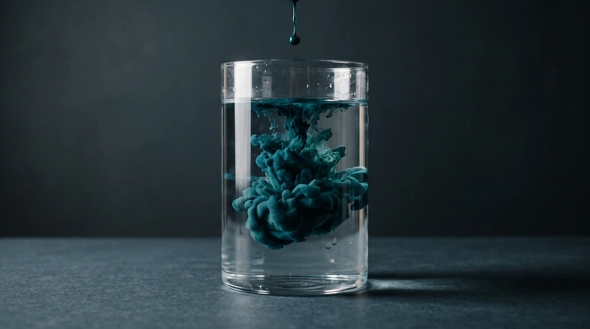 Gota de tinta azul se dispersando dentro de um copo com água